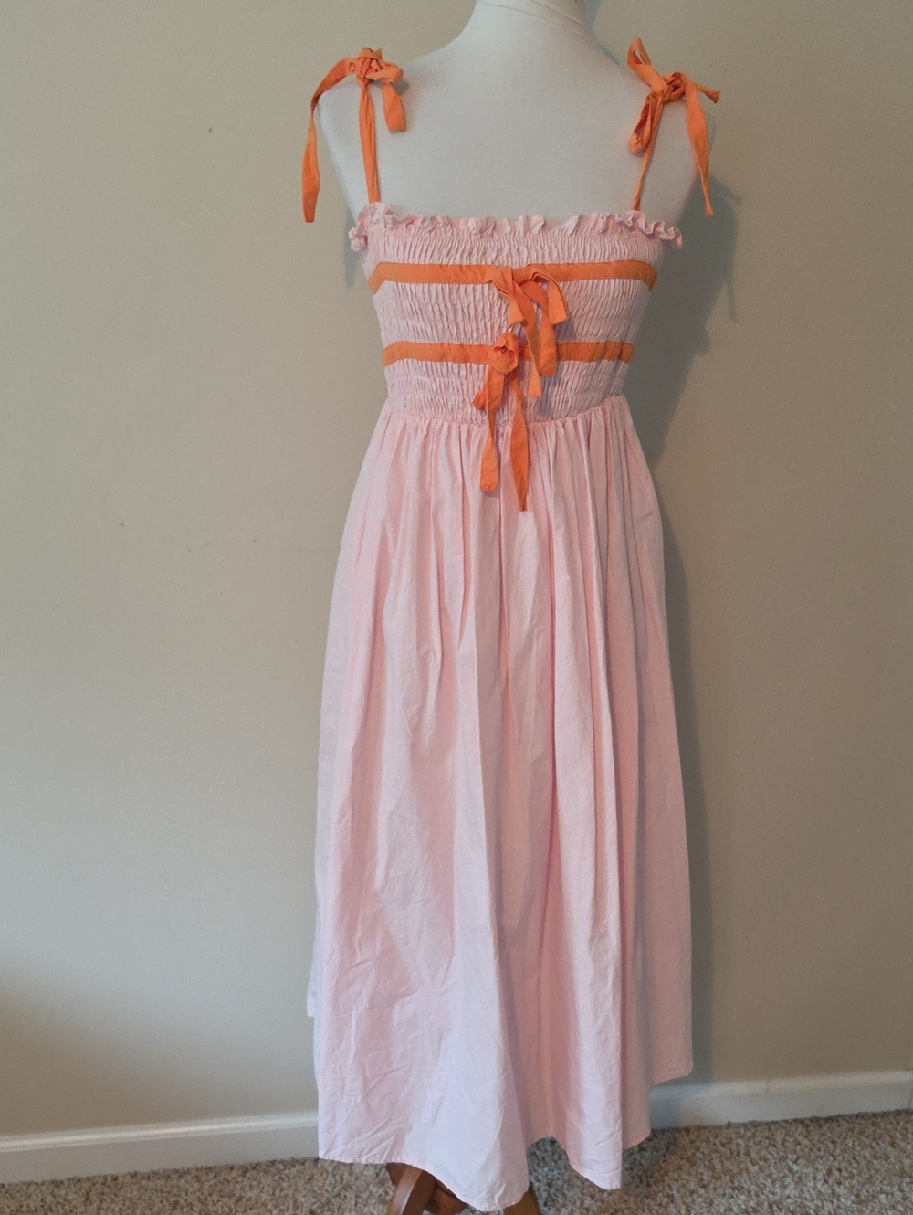 Mable Pink Strap Tie Sundress with Orange Trim